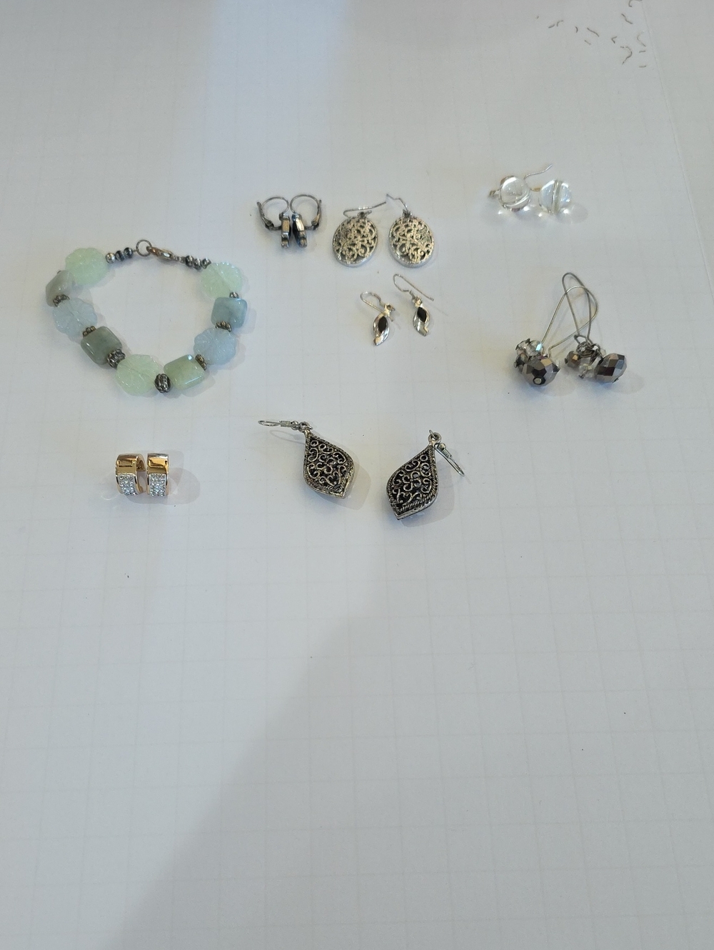 Vintage Silver Filigree Teardrop Earrings with Pale Green Bead Bracelet